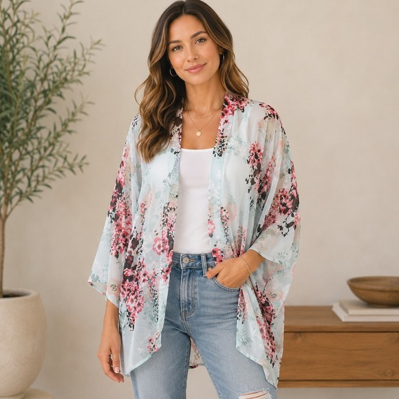 Other - Floral Sheer Kimono Cover Up One Size Mint Blue Pink Boho Beach Resort Festival